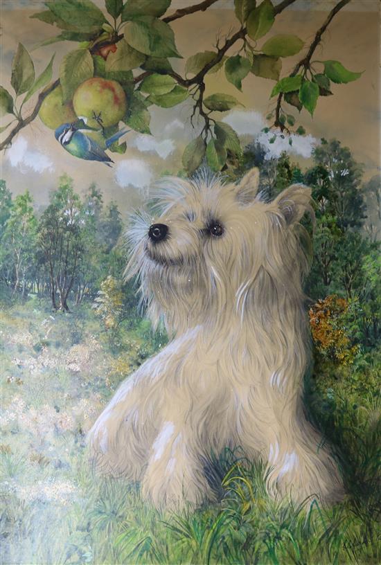 Clifford Percy, painting of a Yorkshire terrier and blue tits 84 x 55cm., unframed